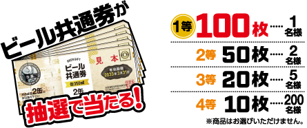 ビール共通券が抽選で当たる! 1等100枚1名様、2等50枚2名様、3等20枚5名様、4等10枚200名様。商品はお選び頂けません。
